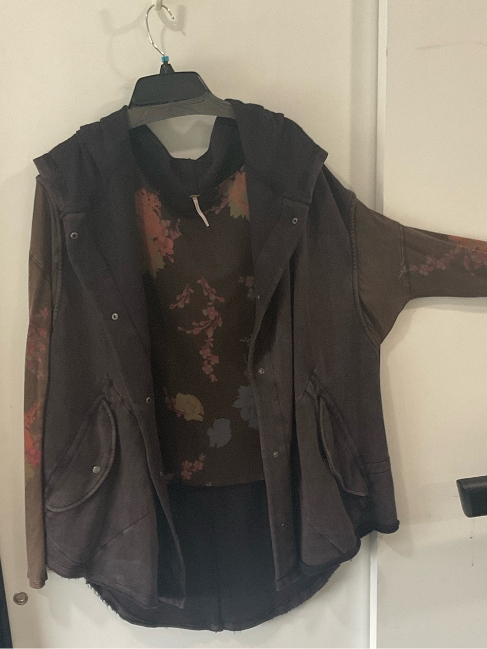 Free People “Just Like That” Brown Hooded Jacket with Subtle Floral Accents